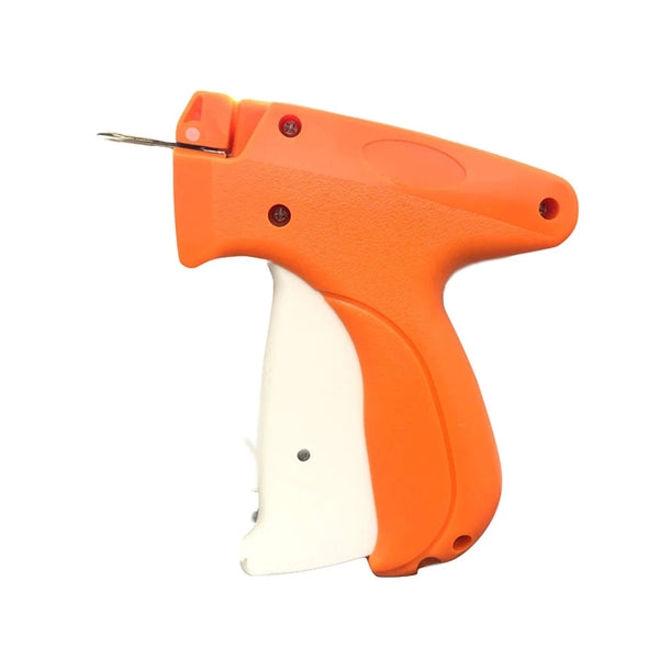 An orange professional clothing price tagging machine with a metal pin visible.