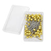 A clear plastic container holds 100 gold pearl head sewing pins for dressmaking and DIY projects.