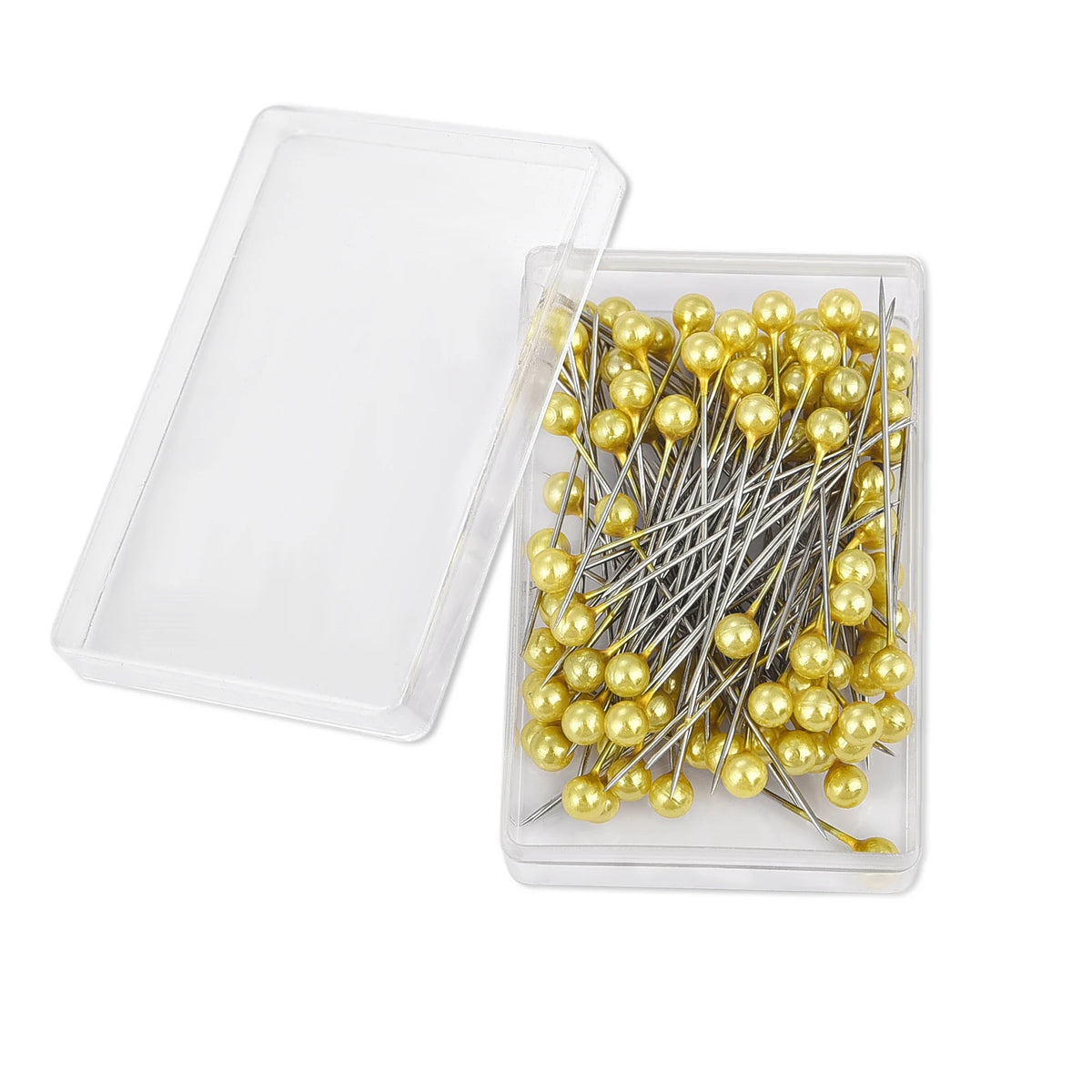 A clear plastic container holds 100 gold pearl head sewing pins for dressmaking and DIY projects.