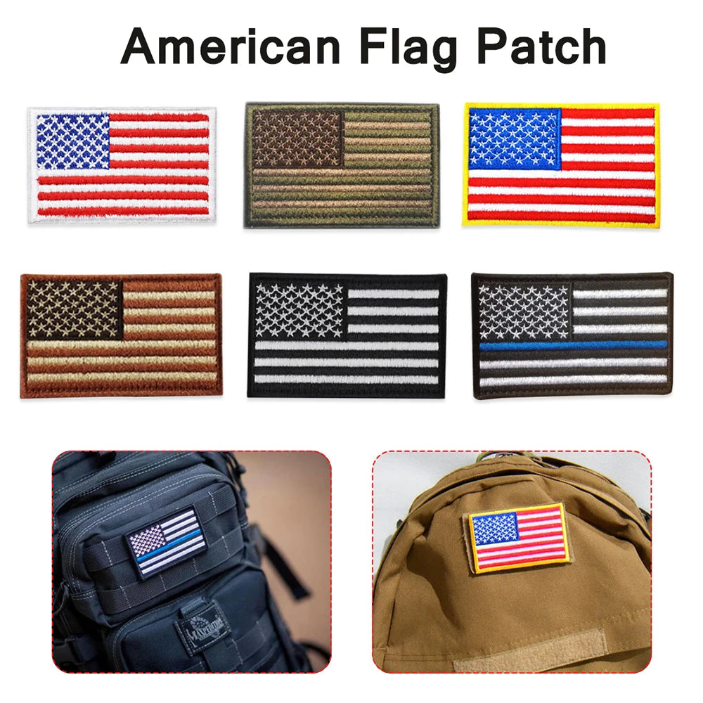 A collection of embroidered American flag patches in various designs and colors.