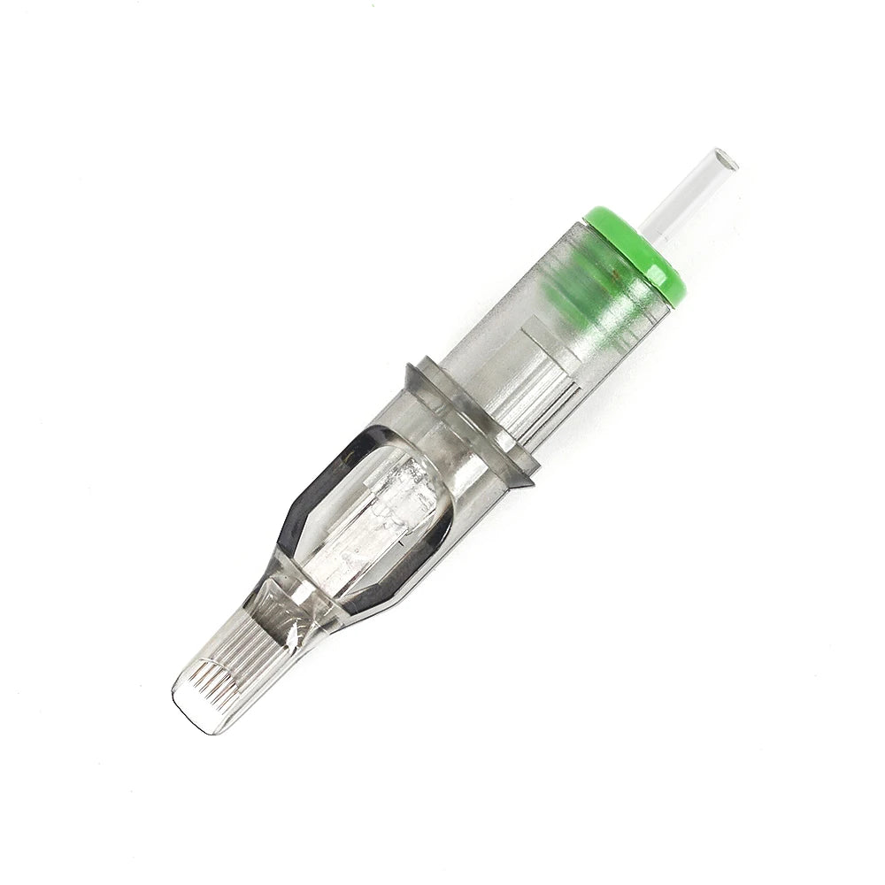 A clear glass cartridge for Magnum Tattoo Needles, featuring a green cap and tip.