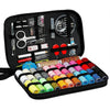 A black kit containing various sewing and embroidery tools including scissors needles and pins