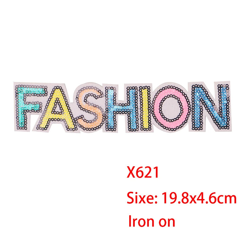Iron-on patch featuring the word FASHION made of colorful sequins