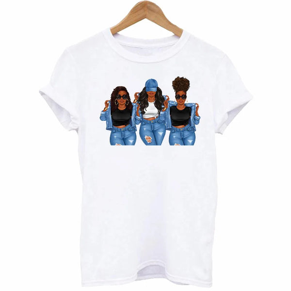 White t-shirt featuring a graphic design of three women with curly hair and sunglasses