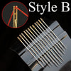 Style B precision self-threading sewing needle kit with multiple sharp needles displayed on a dark surface.