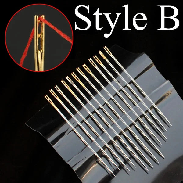 Style B precision self-threading sewing needle kit with multiple sharp needles displayed on a dark surface.