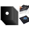 A set of four black reusable non-stick gas stove cleaning mats shown in various views.