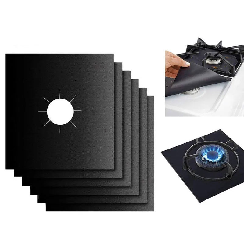 A set of four black reusable non-stick gas stove cleaning mats shown in various views.