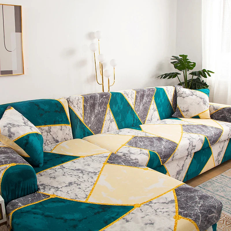 L-shape sofa protector covers featuring a geometric pattern in teal, gray, and cream tones.