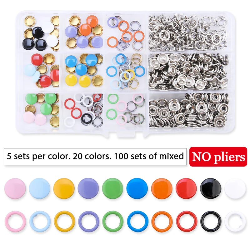 A collection of metal snap fasteners and rings in various colors and sizes for crafting or jewelry making.