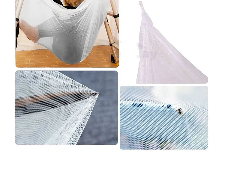 Square mosquito net bed canopy shown in various forms including a draped fabric and mesh netting.