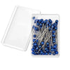 A clear plastic container holds a pack of 100 blue pearl head sewing pins for dressmaking and DIY projects.