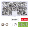 A clear plastic tray containing 200 sets of heavy duty metal snap fasteners and various sizes of rings.