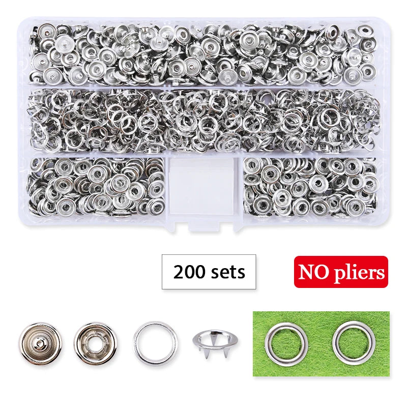 A clear plastic tray containing 200 sets of heavy duty metal snap fasteners and various sizes of rings.