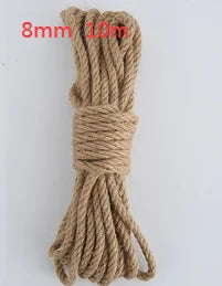 A bundle of natural hemp jute rope in a light tan color, measuring 8mm thick and 10 meters long.