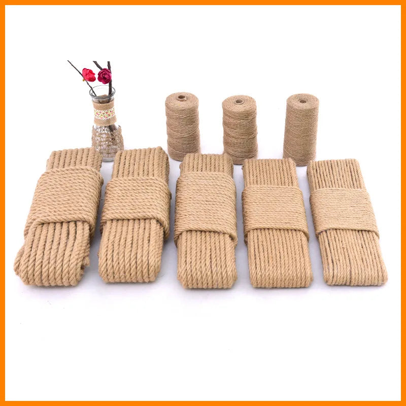 A collection of natural beige hemp jute rope in various lengths and thicknesses for crafting and home decor.