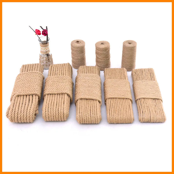 A collection of natural beige hemp jute rope in various lengths and thicknesses for crafting and home decor.