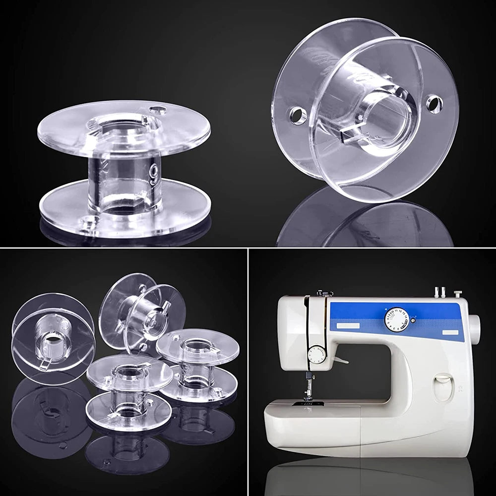Transparent plastic sewing machine bobbins or spools shown in various views