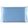 A smooth, light blue satin pillowcase folded neatly.