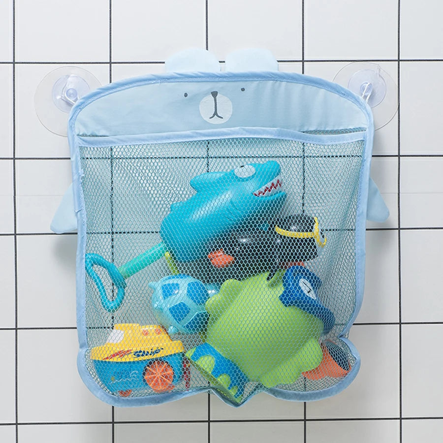 A light blue duck-shaped container filled with various colorful bath toys for children.