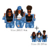 A set of iron-on clothing patches featuring women in denim jackets and jeans.