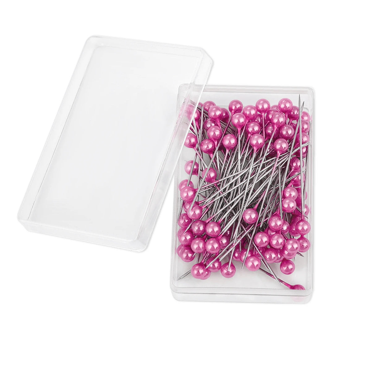 A clear plastic container holds 100 pink pearl head sewing pins for dressmaking and DIY projects.