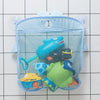 A light blue duck-shaped container filled with various colorful bath toys for children.