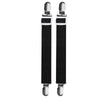 A pair of black adjustable bed sheet grippers with silver fasteners.