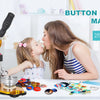 A woman is using a button maker machine kit to make buttons with a child in a bright indoor setting.