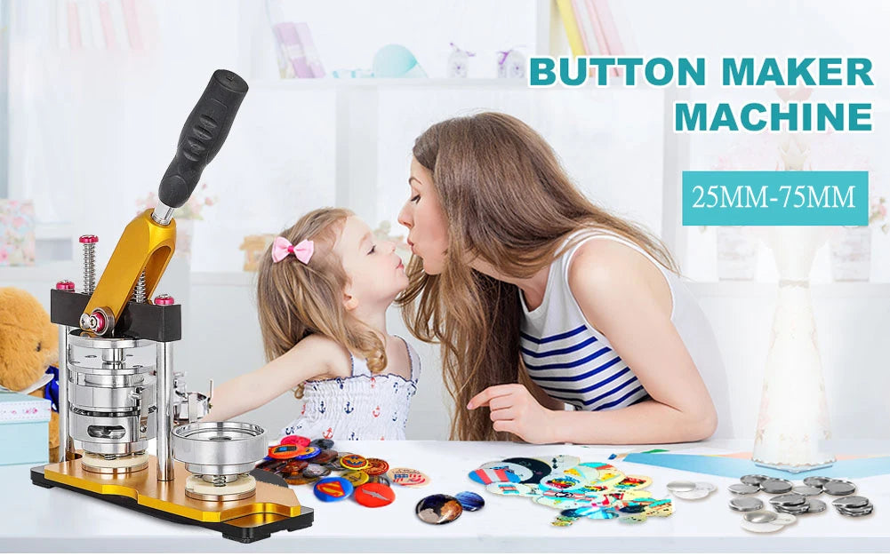 A woman is using a button maker machine kit to make buttons with a child in a bright indoor setting.