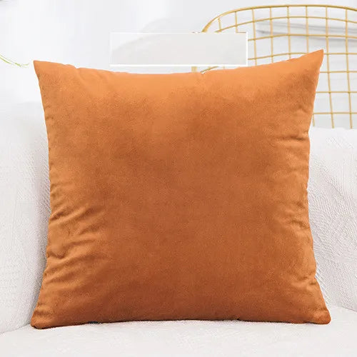 A solid burnt orange velvet decorative cushion cover resting on a white sofa.