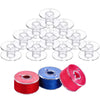 A collection of transparent plastic sewing machine bobbins in various sizes and colors, including red and blue spools.