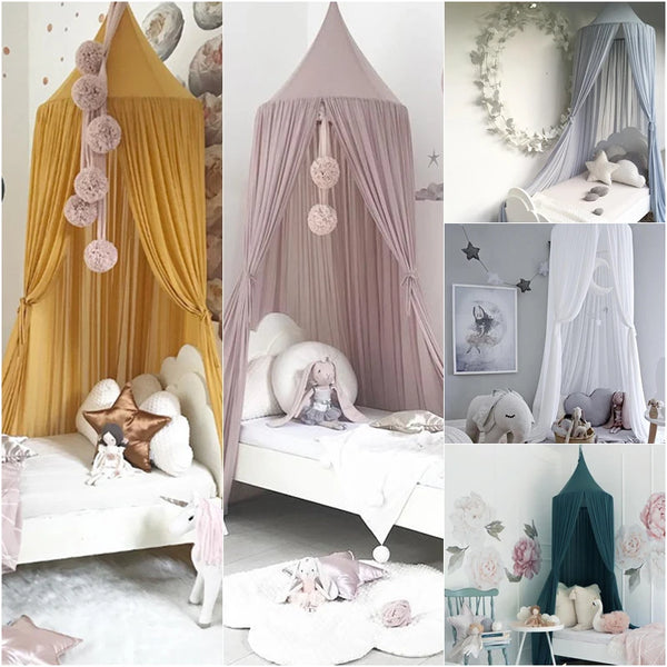 A collection of pink and gold princess canopy mosquito nets for kids featuring various fabric colors and decorative elements.