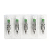 A row of five precision cartridges for Magnum tattoo needles, packaged in clear plastic.