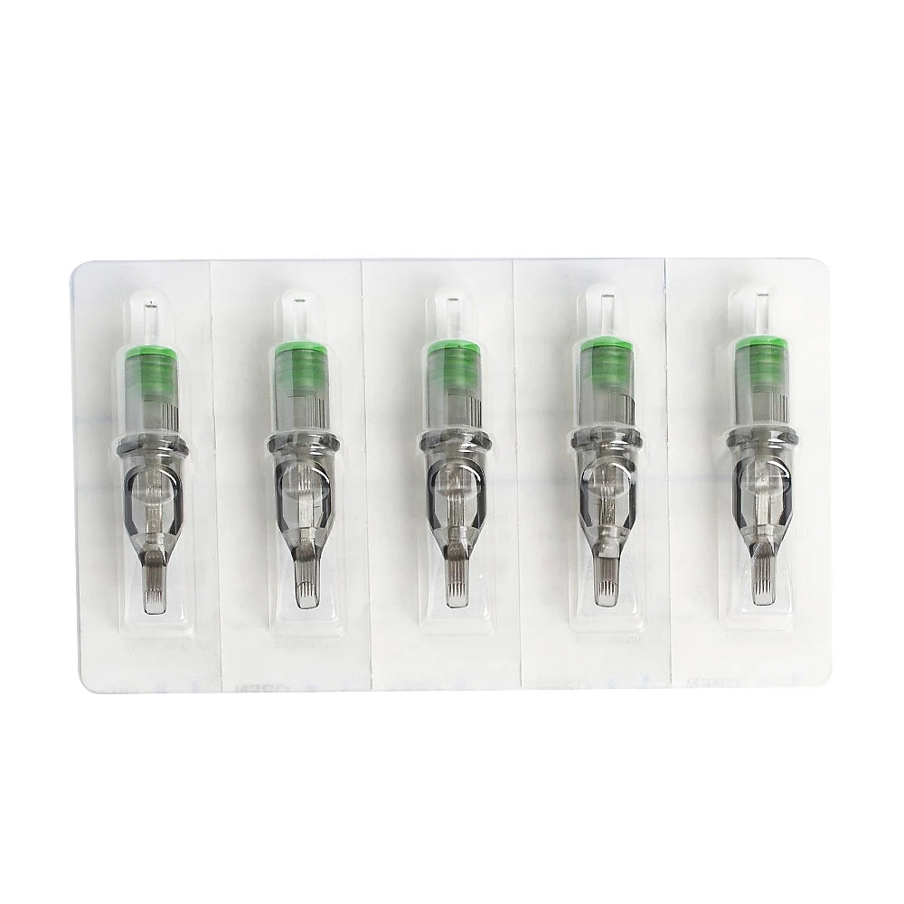 A row of five precision cartridges for Magnum tattoo needles, packaged in clear plastic.