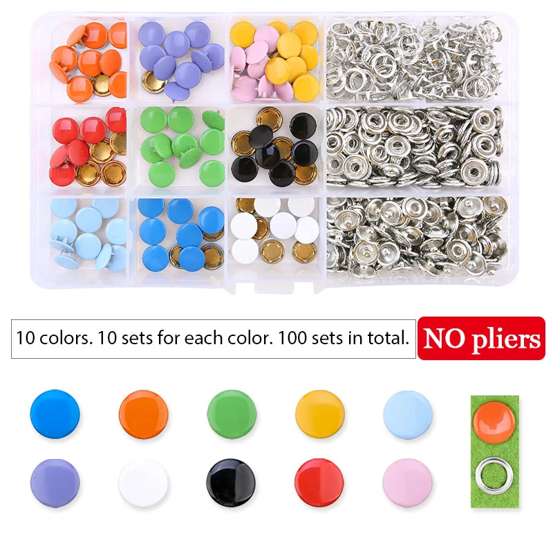 A variety of metal snap fastener kits in ten colors are displayed, including blue, orange, green, yellow, and pink.