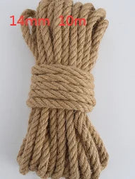 A bundle of natural hemp jute rope in a light tan color, measuring 14mm thick and 10 meters long.