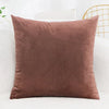 A solid brown velvet decorative cushion cover resting on a white sofa.