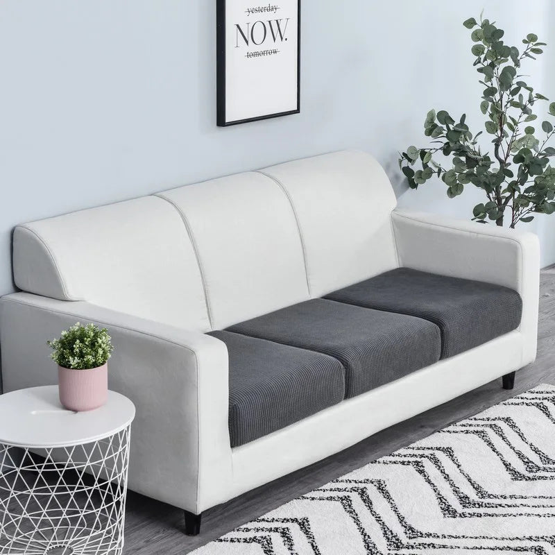 A modern light gray sofa with a dark gray seat cushion cover placed in a bright living room.
