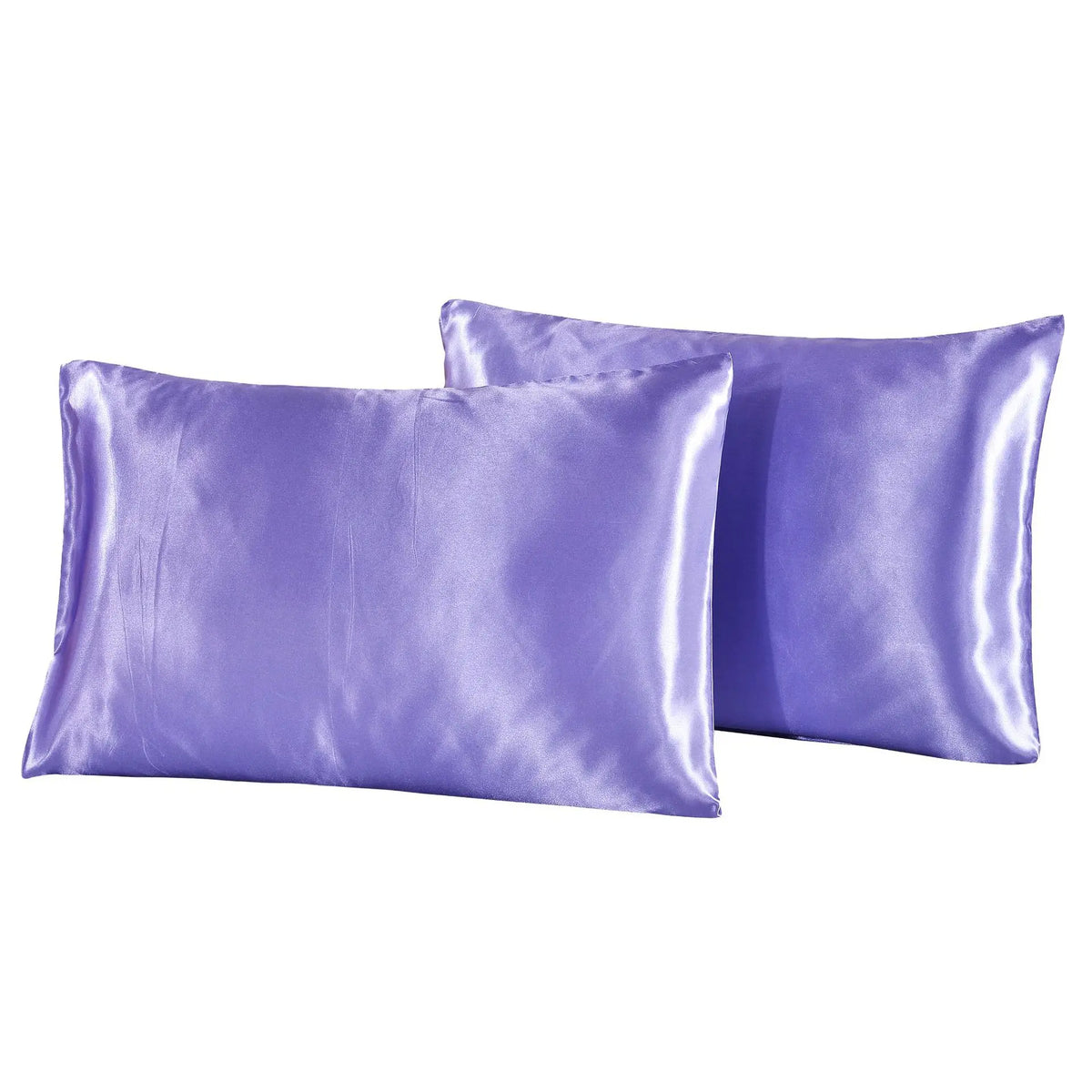 Two purple silky satin pillowcases lying side by side.