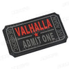 A black embroidered Valknut Viking patch with hook and loop backing featuring the text VALHALLA ADMIT ONE LIVE AGAIN