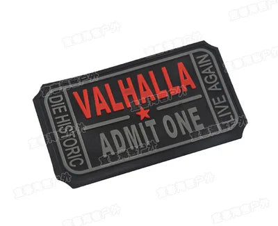 A black embroidered Valknut Viking patch with hook and loop backing featuring the text VALHALLA ADMIT ONE LIVE AGAIN