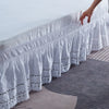 White embroidered ruffle bed skirt draped over a bed, showing delicate scalloped edges.