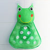 A bright green frog bath toy with large eyes and a perforated base for bathing.