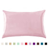 A square pink satin pillowcase shown flat, with a color palette of various pastel and deep shades.