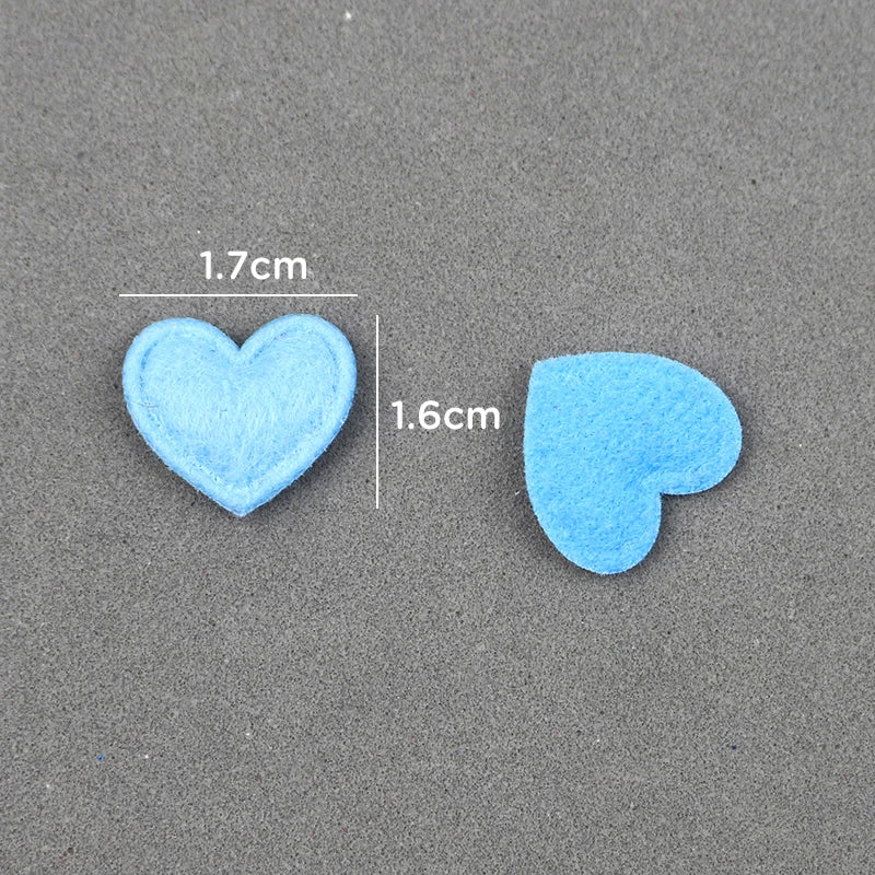 Two light blue felt heart appliques shown against a gray background with dimension measurements.
