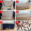 Six images showing the installation and various forms of L-shape sofa protector covers.