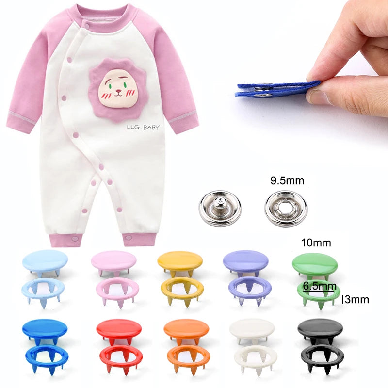A kit of heavy duty metal snap fasteners and various sized metal buttons for fabric and leatherwork.