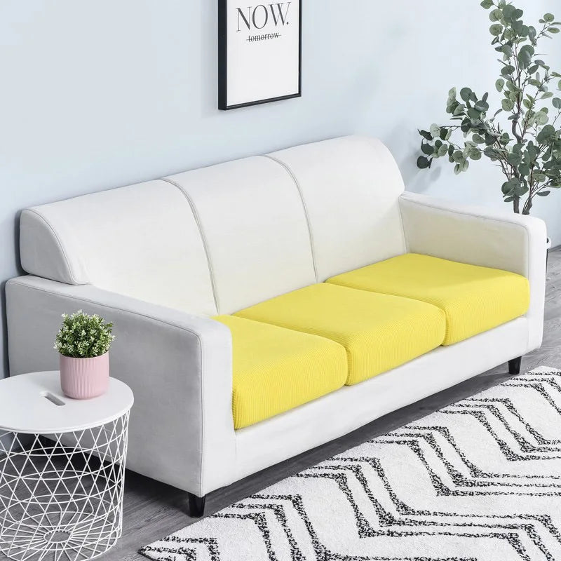 A modern white sofa with a yellow seat cushion cover and a potted plant in a bright living room.