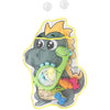 A yellow and gray bath toy featuring a frog character with a crown and various colorful accessories.
